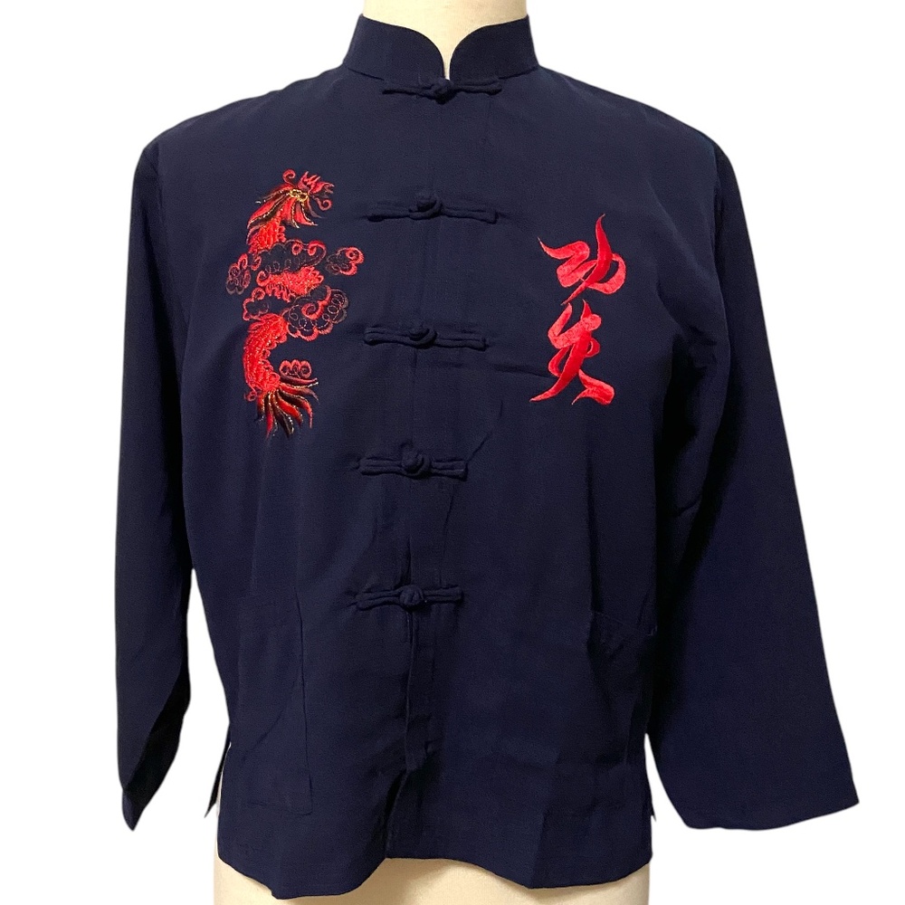 Vintage Kevin-T Dragon Silk Jacket Asian Chinese Style Navy Blue Sz 11 70s 80s